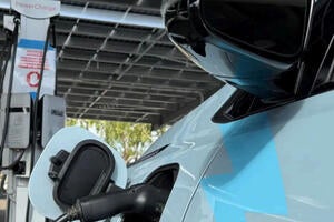 Eco car hooked up to charging station